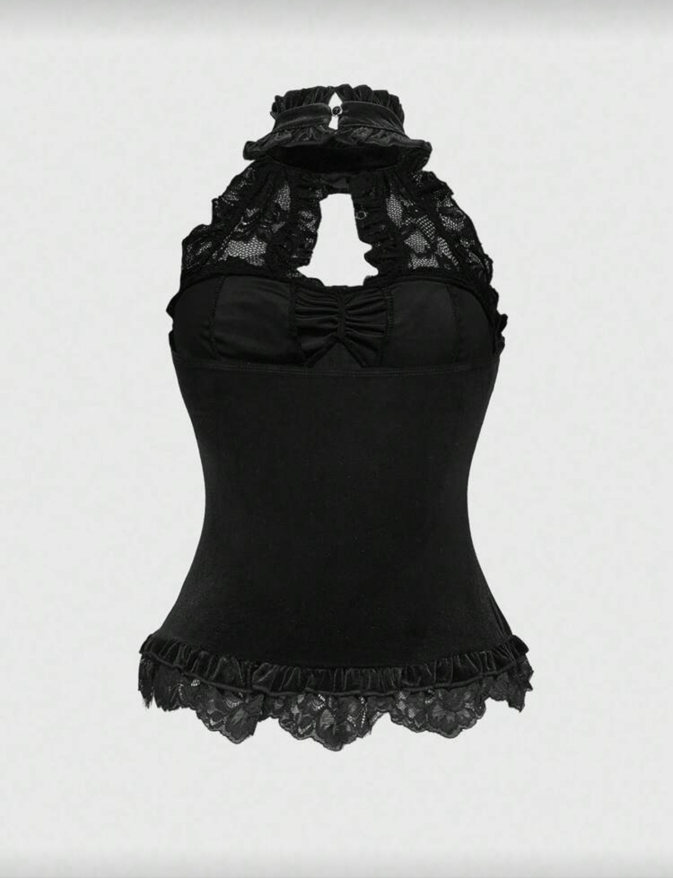 Victorian Lolita Goth Kurdeleli Siyah Kadife Bustiyer