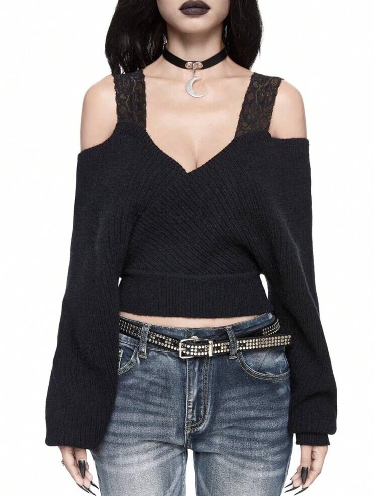 Grunge Lacy Omuz Detaylı Crop Kazak - Siyah