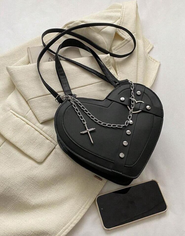 Punk Gothic Haç Detaylı Zincirli Kalp Çanta