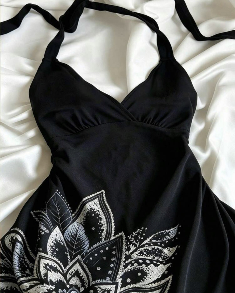 Floral Print Halter Bağlama Siyah Çiçek Detay Elbise