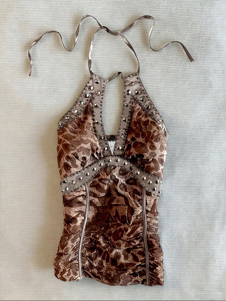 Vintage Leopar Desen Halter Bağlama Dekolte Top