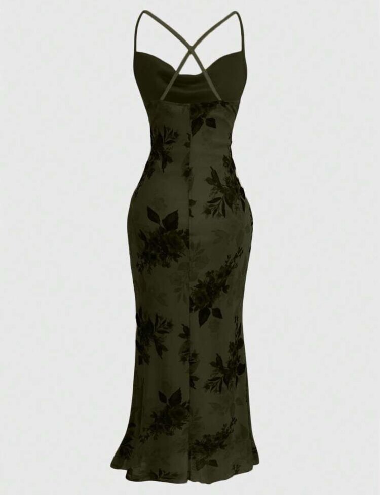 Grunge Glamour Floral Tüllü Haki Elbise