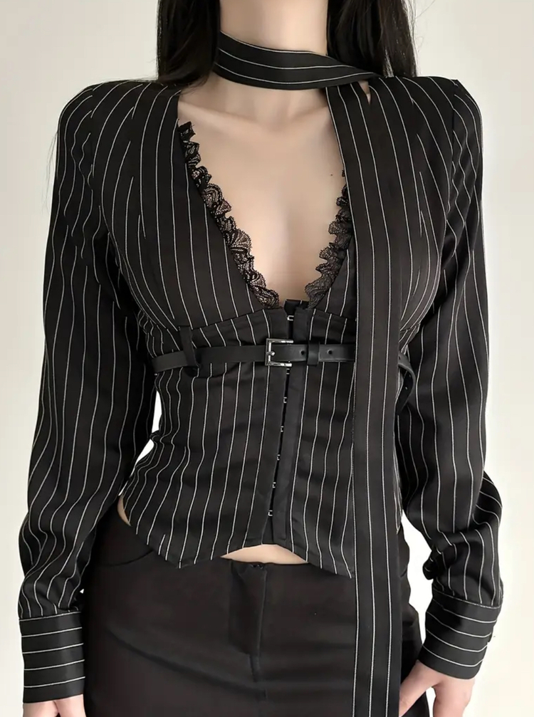 Gotik Punk Uzun Kollu Seksi Vintage Çizgili Dantel Detaylı ve Beli Sıkılaştırıcı Siren Bluz 