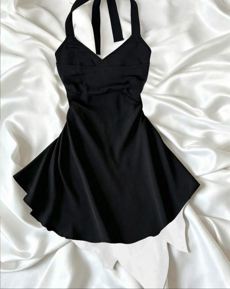 Floral Print Halter Bağlama Siyah Çiçek Detay Elbise