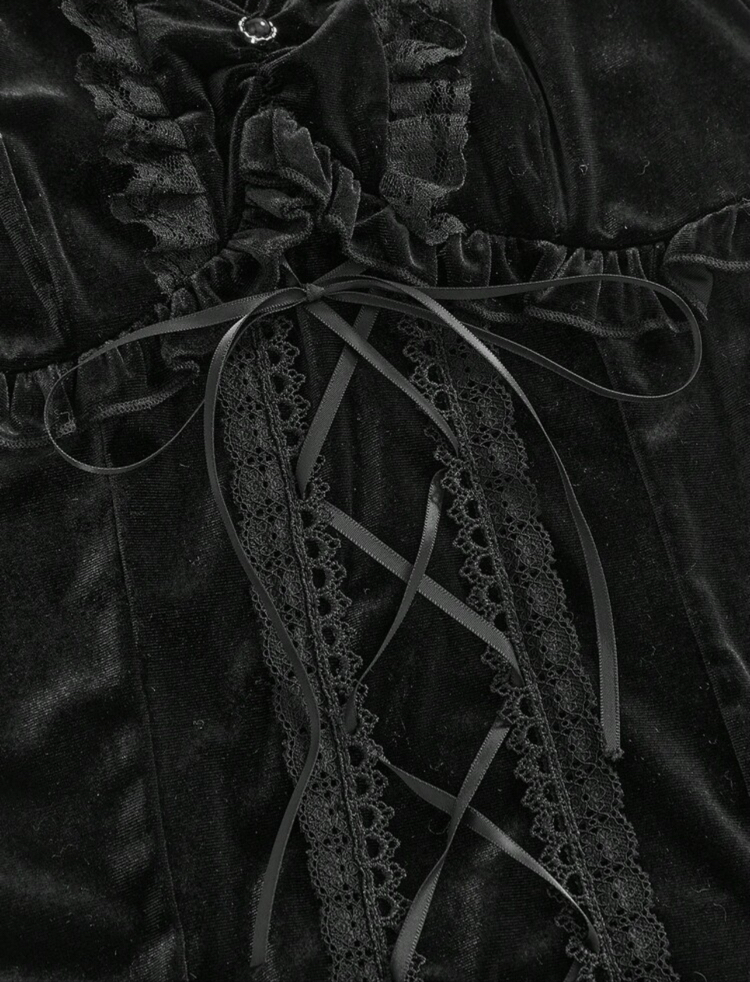 Victorian Lolita Goth Kurdeleli Siyah Kadife Bustiyer
