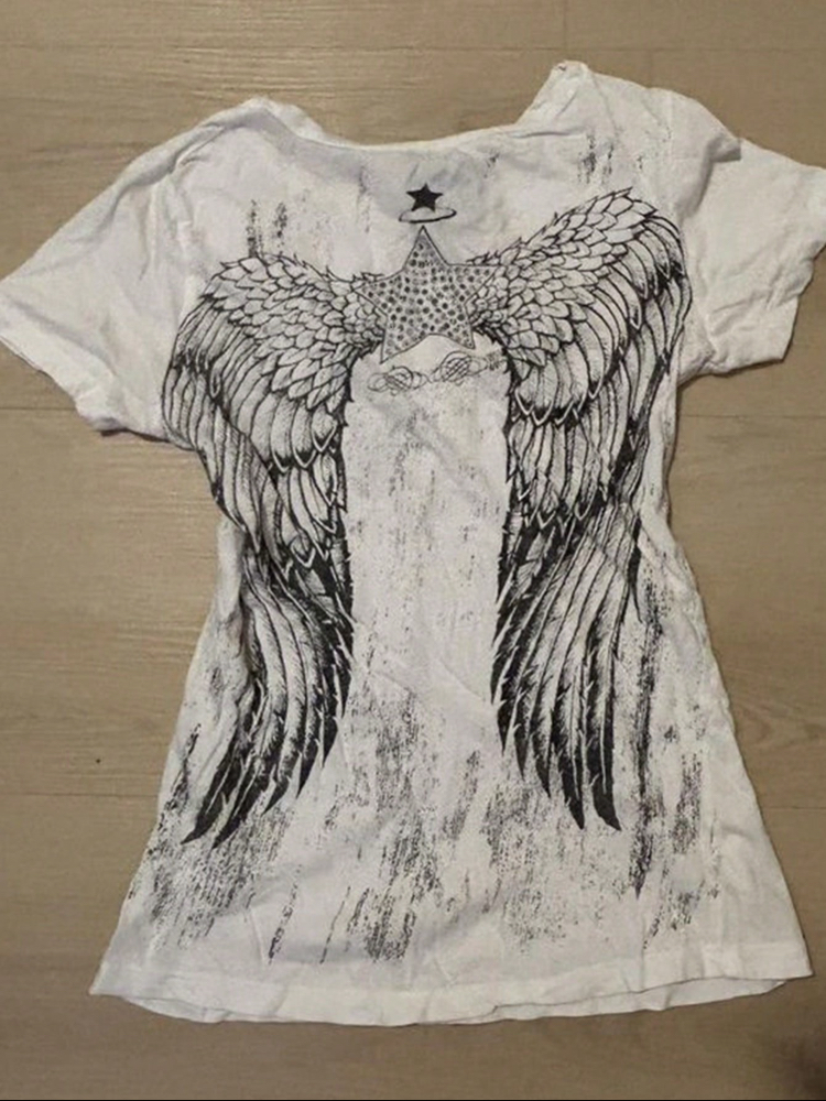 Goth Angel’s Wing Printed Beyaz Tişört 