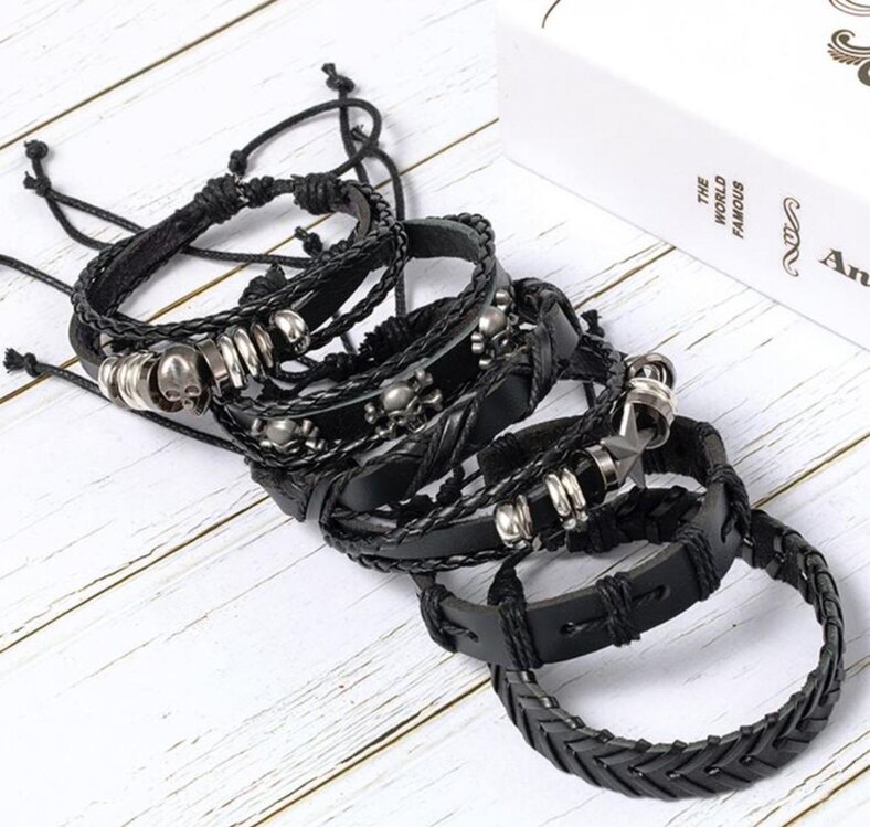 Punk Gothic Kurukafa Detaylı 6 Parça Bileklik Seti
