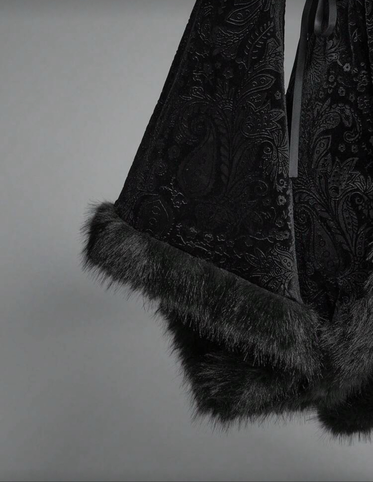 Gothic Goth Fringed Velvet Pelerin - Siyah
