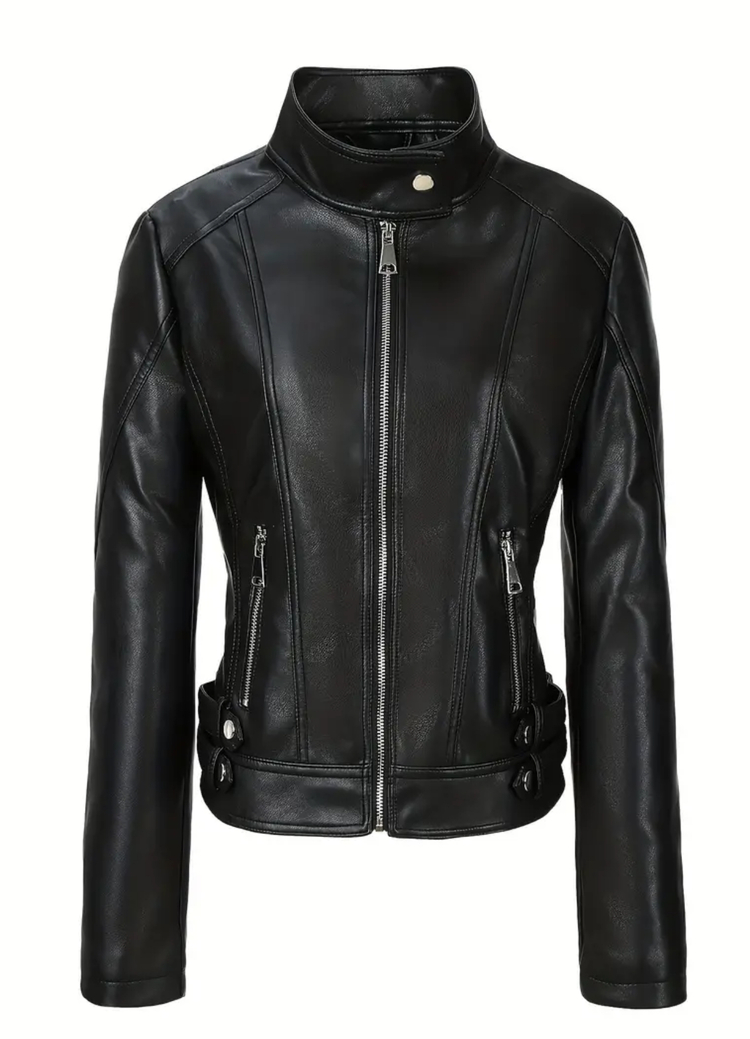 Goth Deri Kadın Slim Fit Deri Motosiklet Ceketi - Stand Yaka Fermuarlı Uzun Kollu Casual