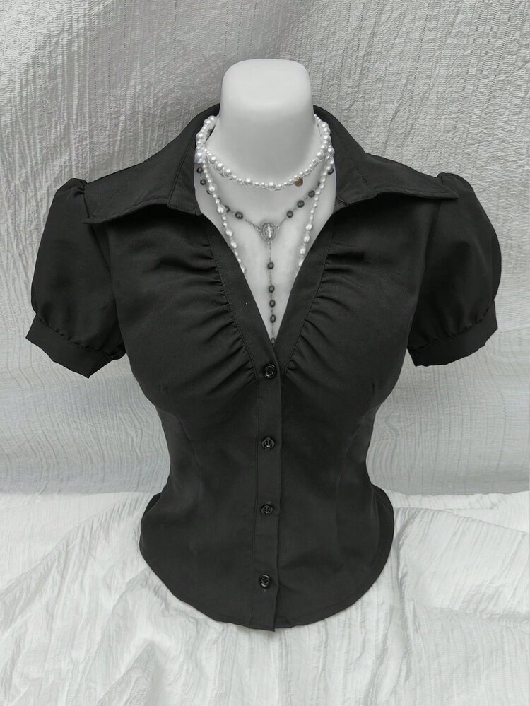 Gothic Vampire Büzgülü Bodycon Gömlek - Siyah