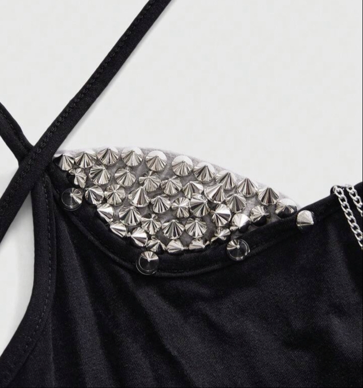 Punk Metal Spikes Zımbalı Zincir Detaylı Seksi Siyah Büstiyer