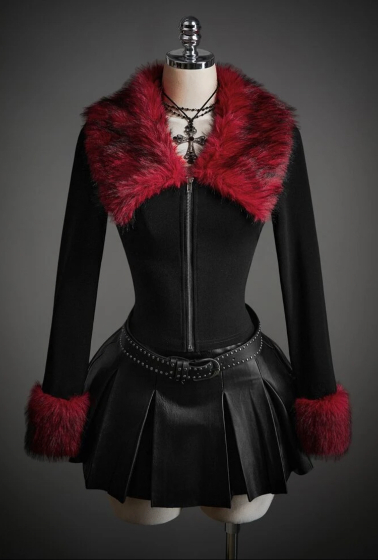 Goth Gotik Y2K Çift Fermuarlı Ceket - Sahte Kürk Yaka Siyah Hırka