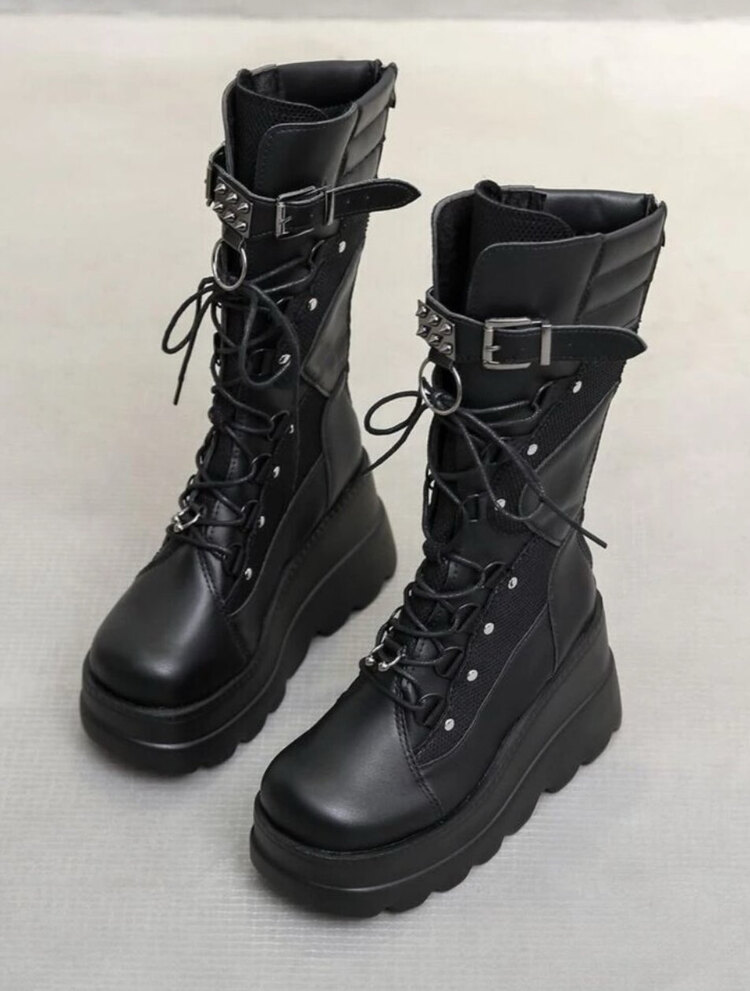Grunge Punk Buckle Solid Lace-Up Siyah Bot