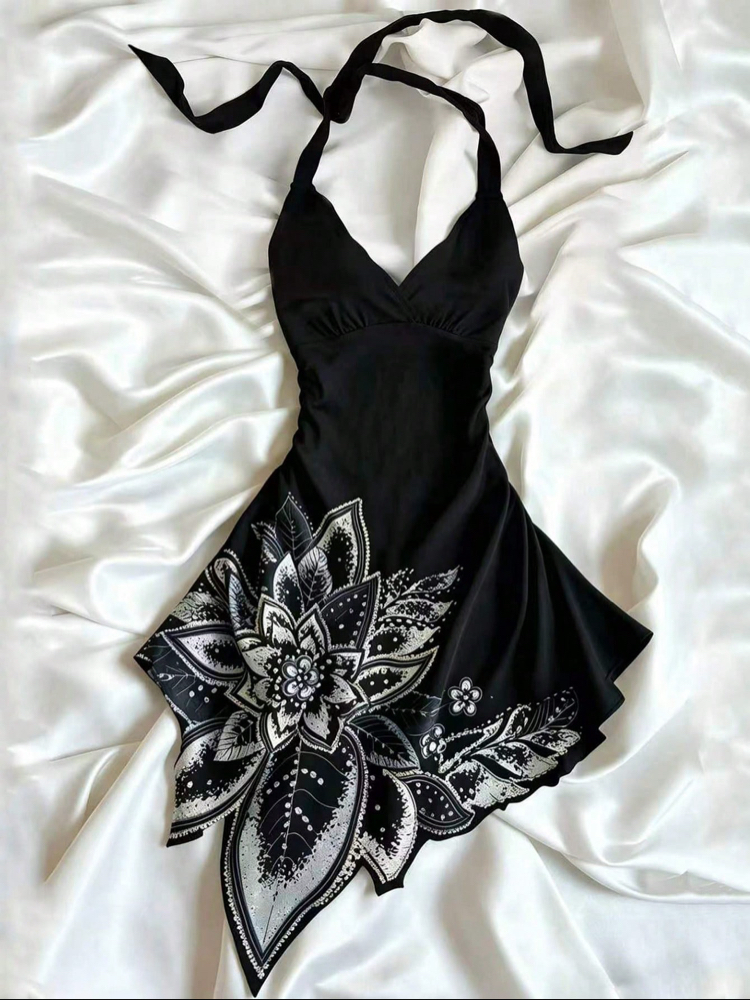 Floral Print Halter Bağlama Siyah Çiçek Detay Elbise