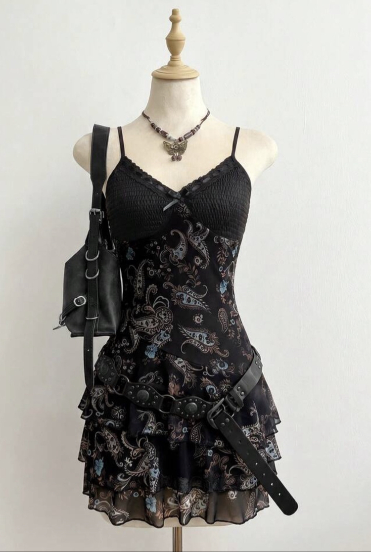 Vintage Floral Printed Hippie Siyah Aslılı Elbise