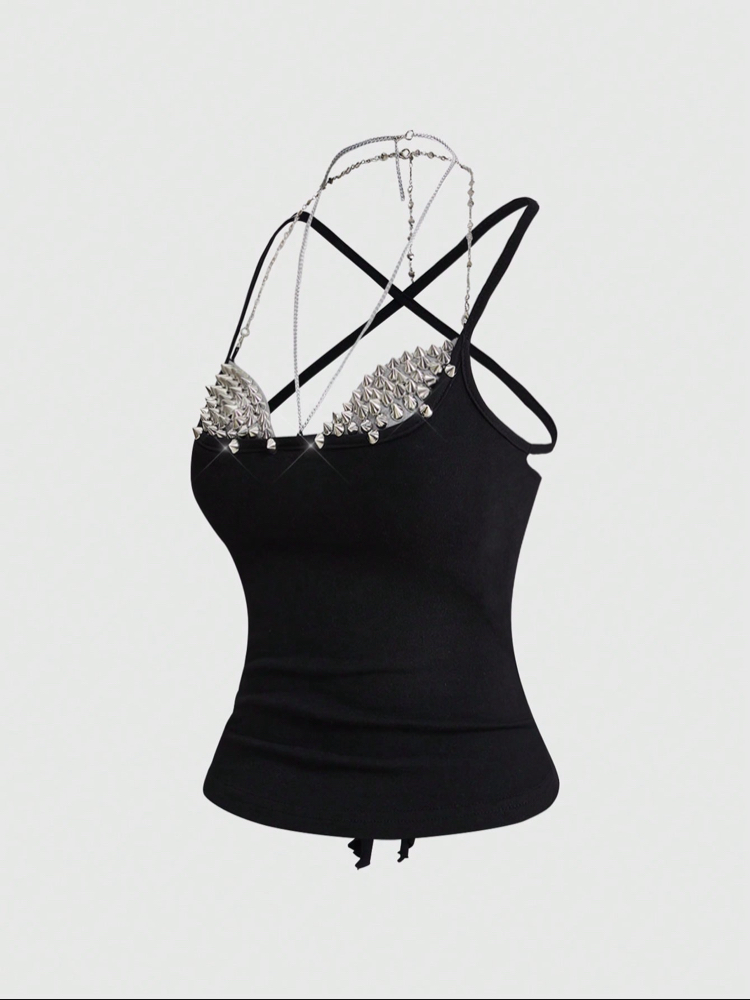 Punk Metal Spikes Zımbalı Zincir Detaylı Seksi Siyah Büstiyer