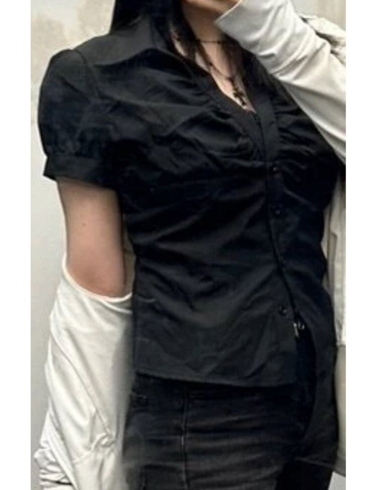 Gothic Vampire Büzgülü Bodycon Gömlek - Siyah