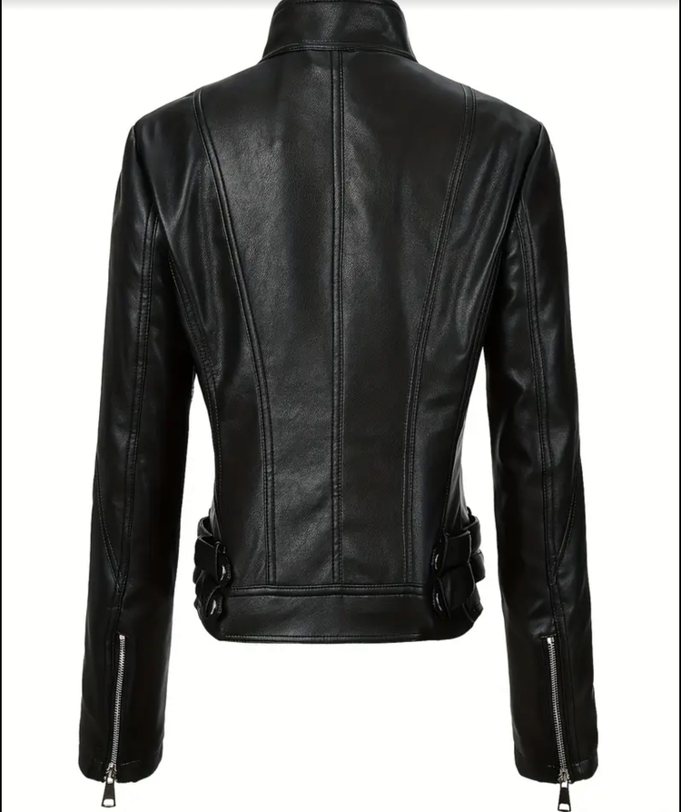 Goth Deri Kadın Slim Fit Deri Motosiklet Ceketi - Stand Yaka Fermuarlı Uzun Kollu Casual