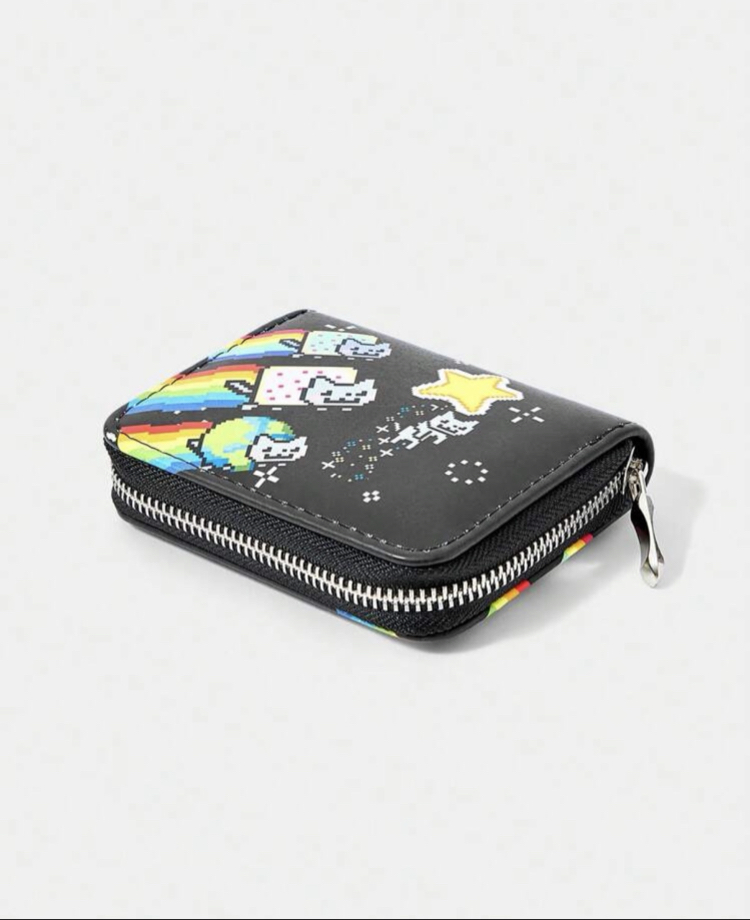 Grunge Piksel Gökkuşağı Kedi (Nyan Cat) Fermuarlı Cüzdan Siyah
