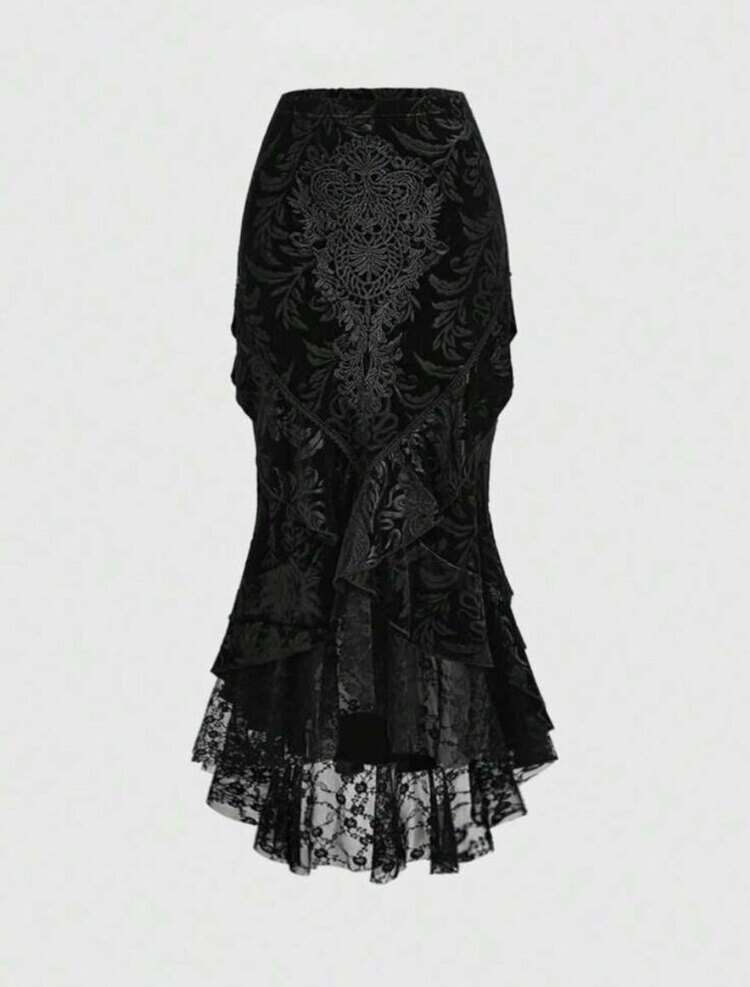 Gothic Tribal Dantelli Detaylı Uzun Fırfırlı Etek