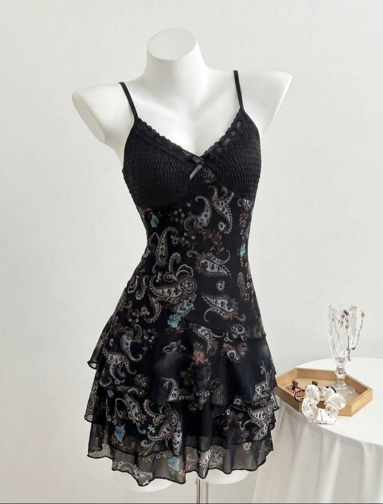 Vintage Floral Printed Hippie Siyah Aslılı Elbise