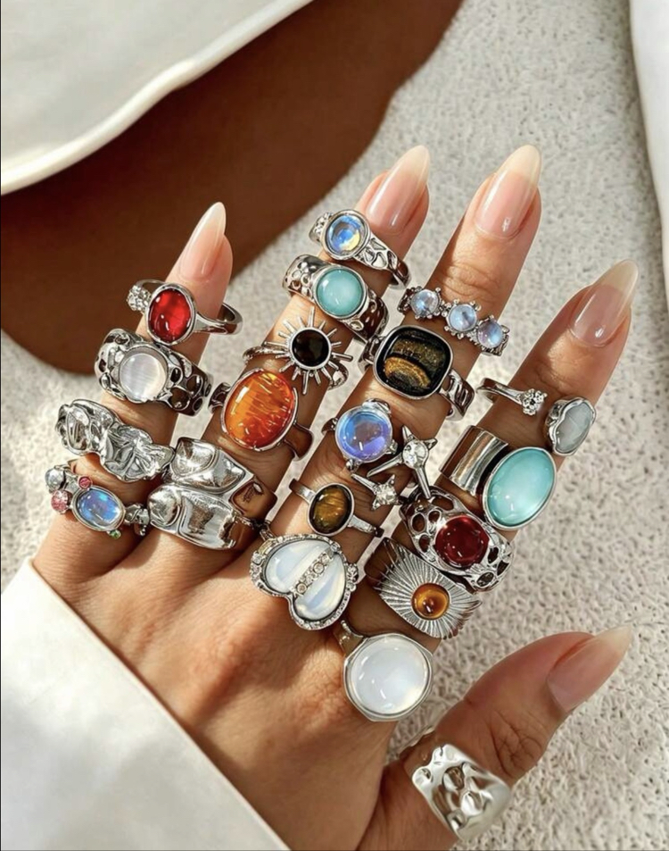 20 Parça Fairy Grunge Renkli Akik & Kristal Taş Kakmalı Vintage Bohem Yüzük Paketi⁠