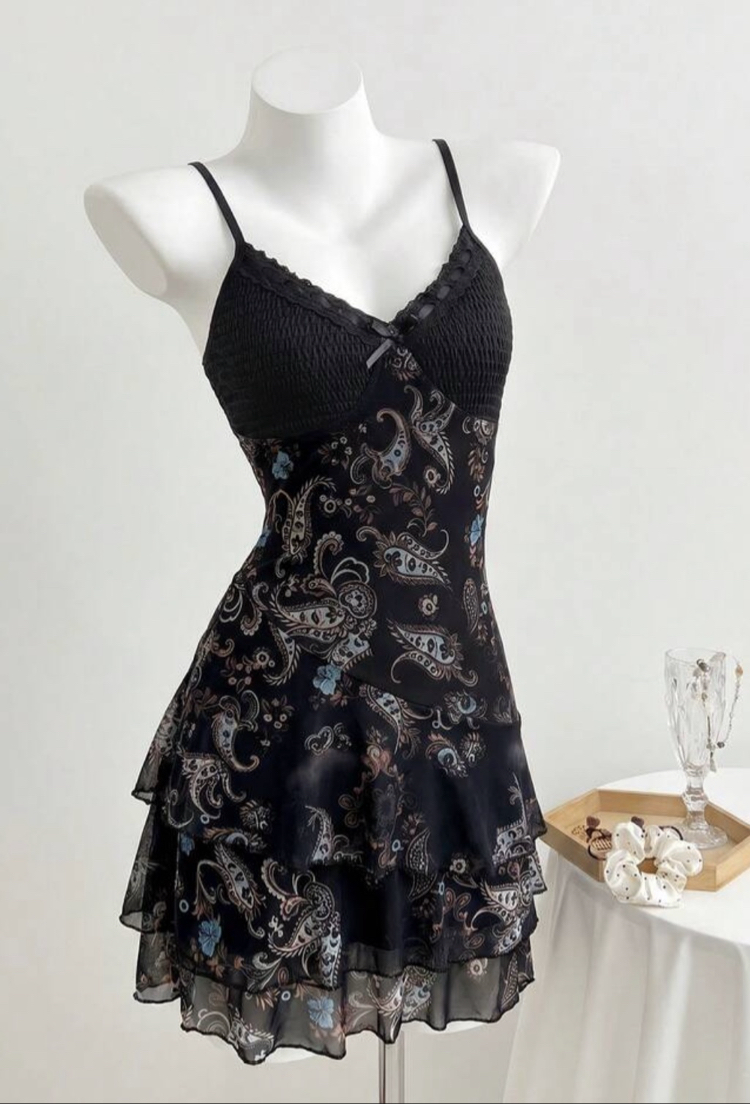 Vintage Floral Printed Hippie Siyah Aslılı Elbise