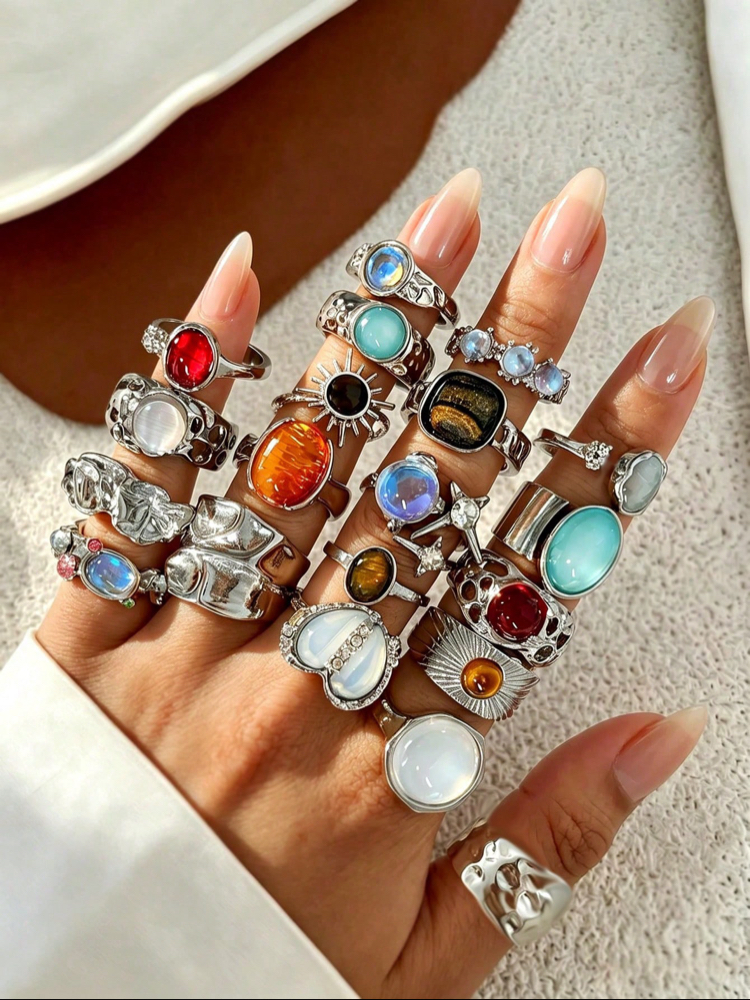 20 Parça Fairy Grunge Renkli Akik & Kristal Taş Kakmalı Vintage Bohem Yüzük Paketi⁠