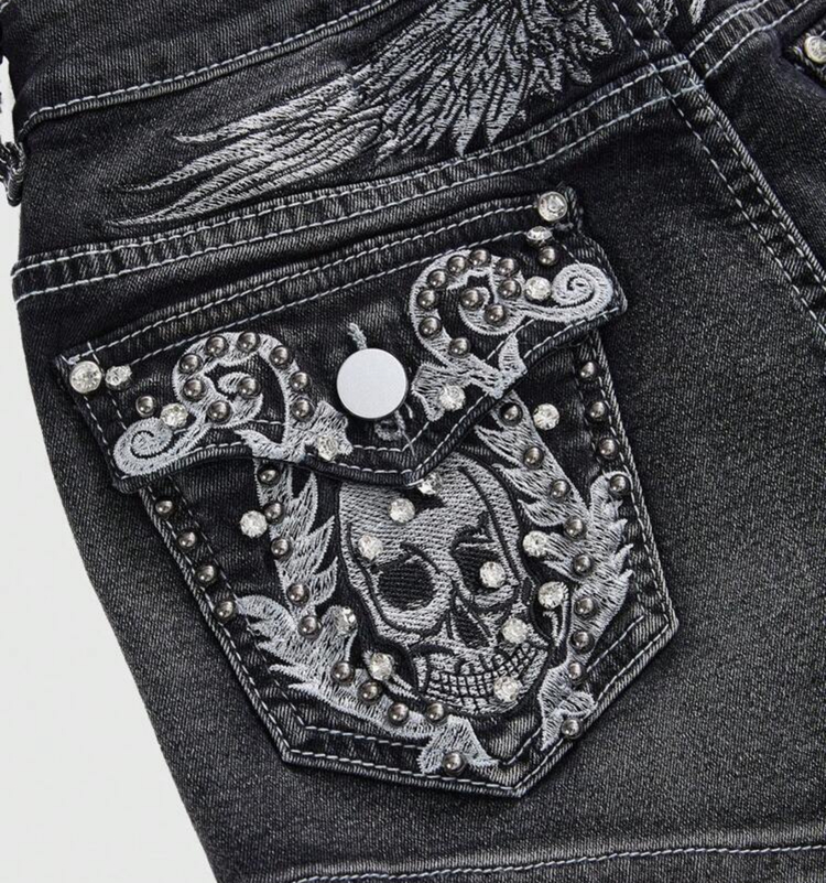 Gothic Y2K Skull Printed Kafatası Ve Kanat Detaylı Mikro Siyah Kot Şort