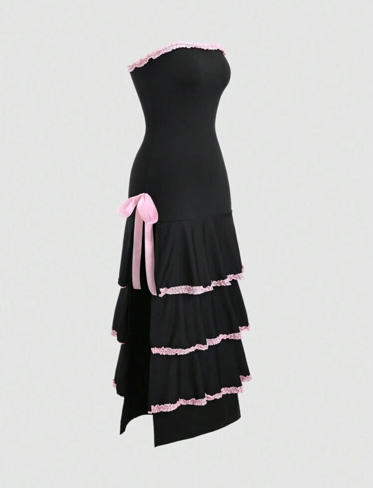 Siyah Pembe Fiyonk Detaylı  Strapless Katlı Elbise