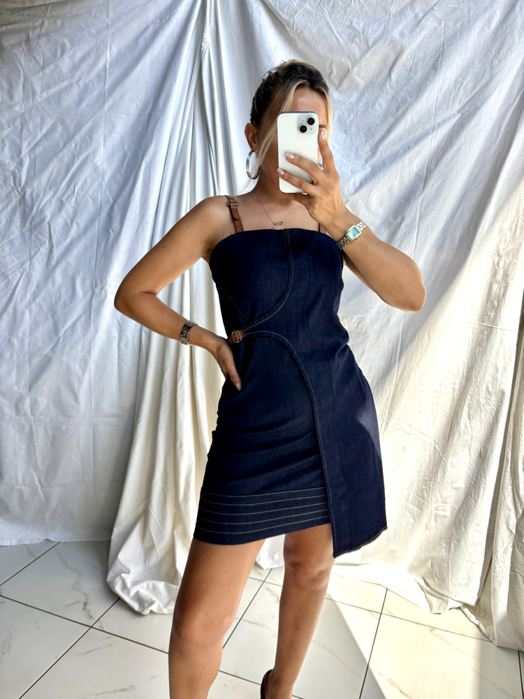 Raw lacivert deri ip askılı Likralı jean elbise