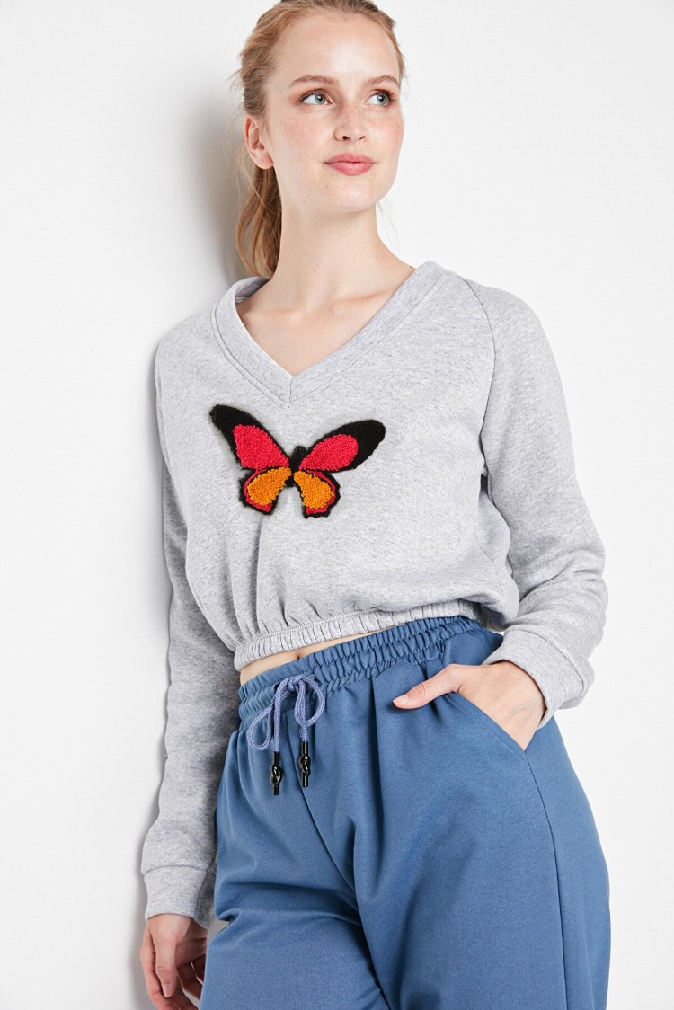 Kelebek Nakışlı Tasarım Sweatshirt