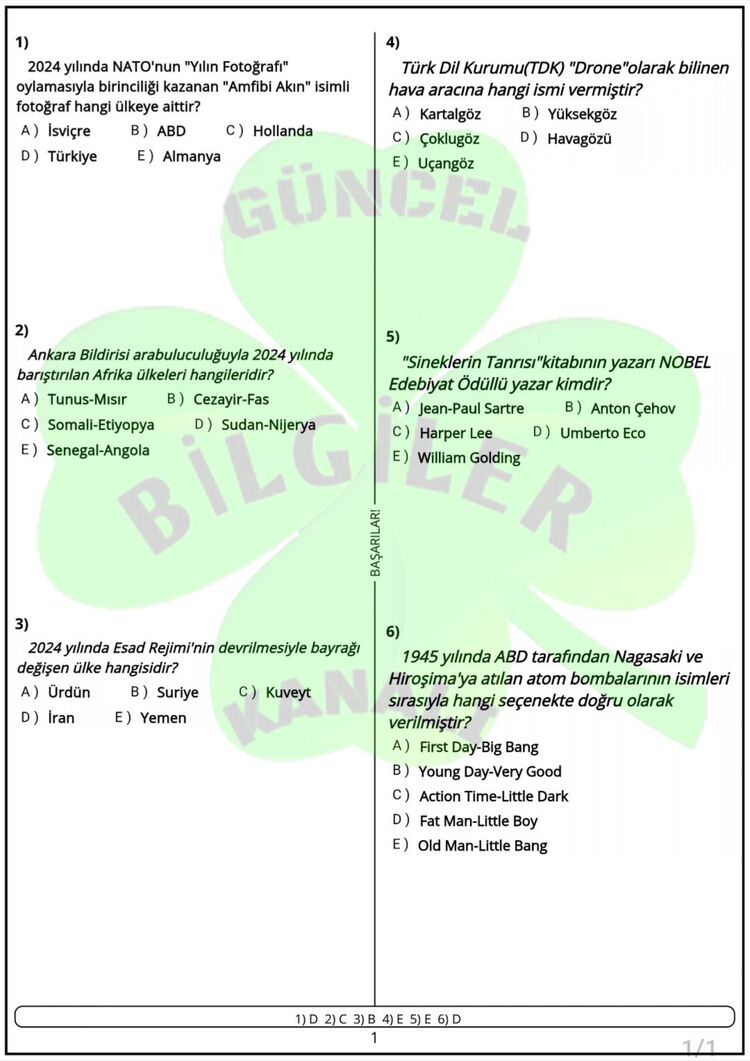 DENEME KPSS 2025 GÜNCEL BİLGİLER(20 ADET)