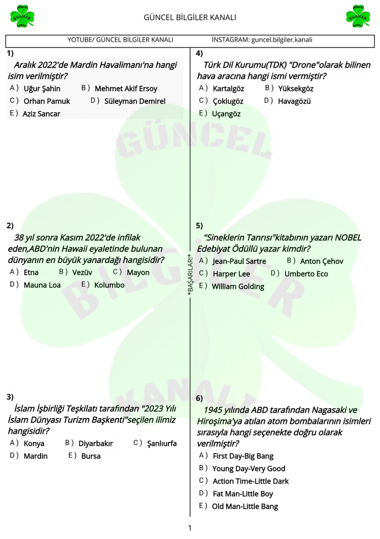 ✅️2023 *50 ADET GÜNCEL BİLGİLER DENEMESİ (300 SORU)