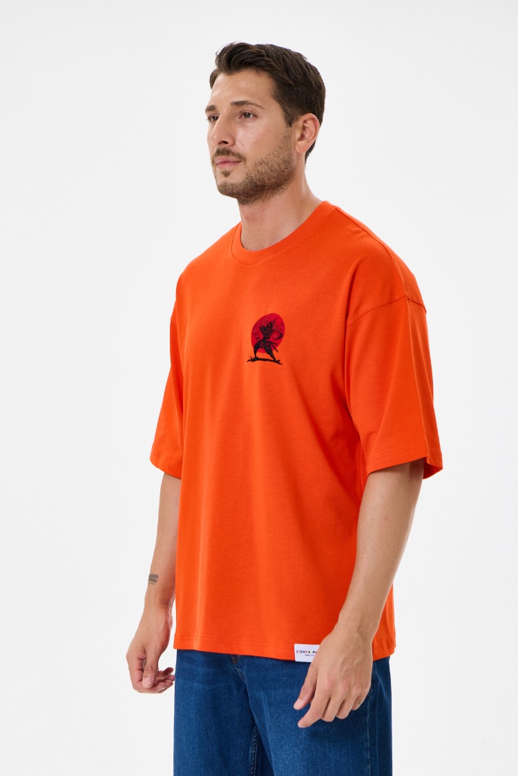 Nakış Detaylı Oversize Tişört Turuncu MM (Unisex)
