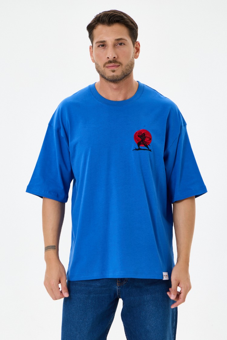 Nakış Detaylı Oversize Tişört Mavi MM (Unisex)