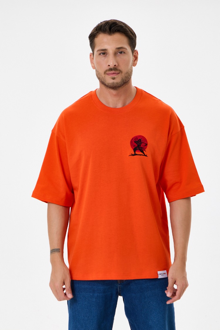 Nakış Detaylı Oversize Tişört Turuncu MM (Unisex)