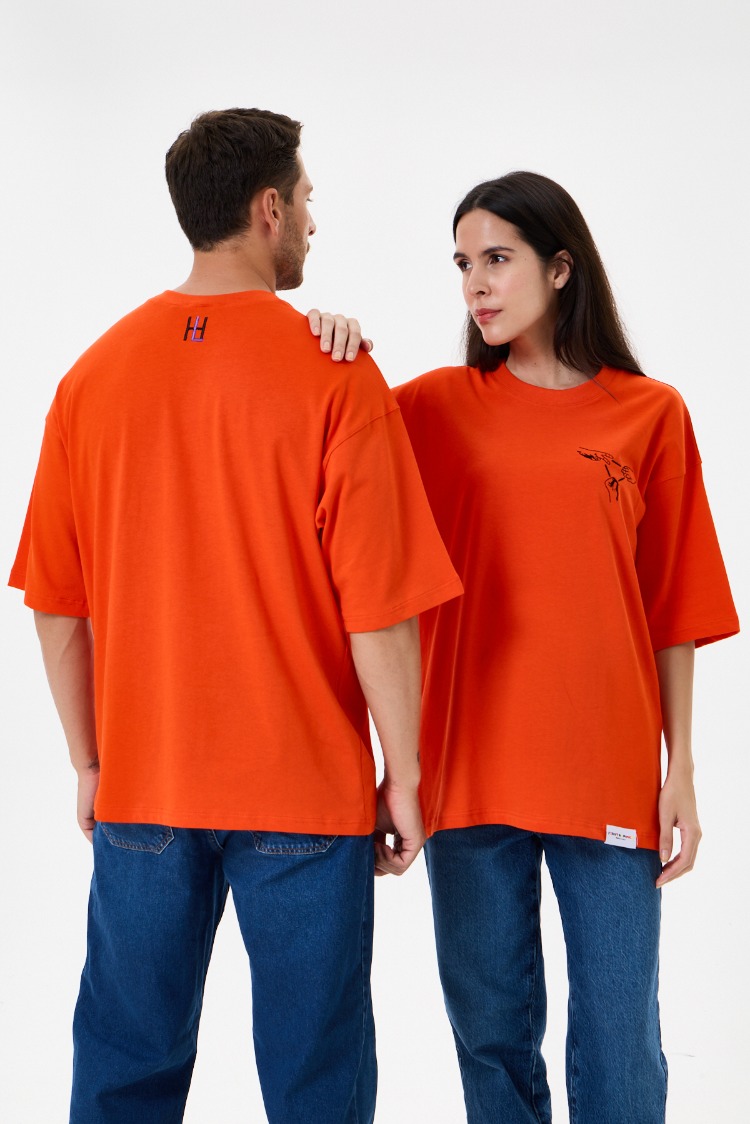 Nakış Detaylı Oversize Tişört Turuncu RPS (Unisex)