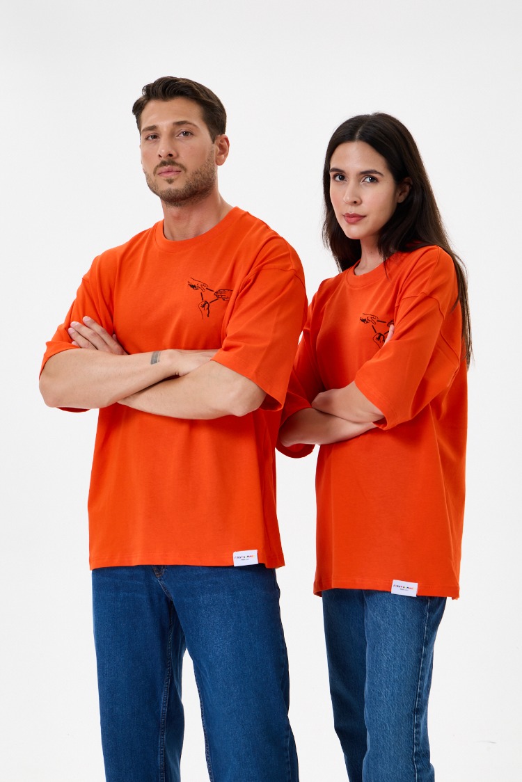 Nakış Detaylı Oversize Tişört Turuncu RPS (Unisex)