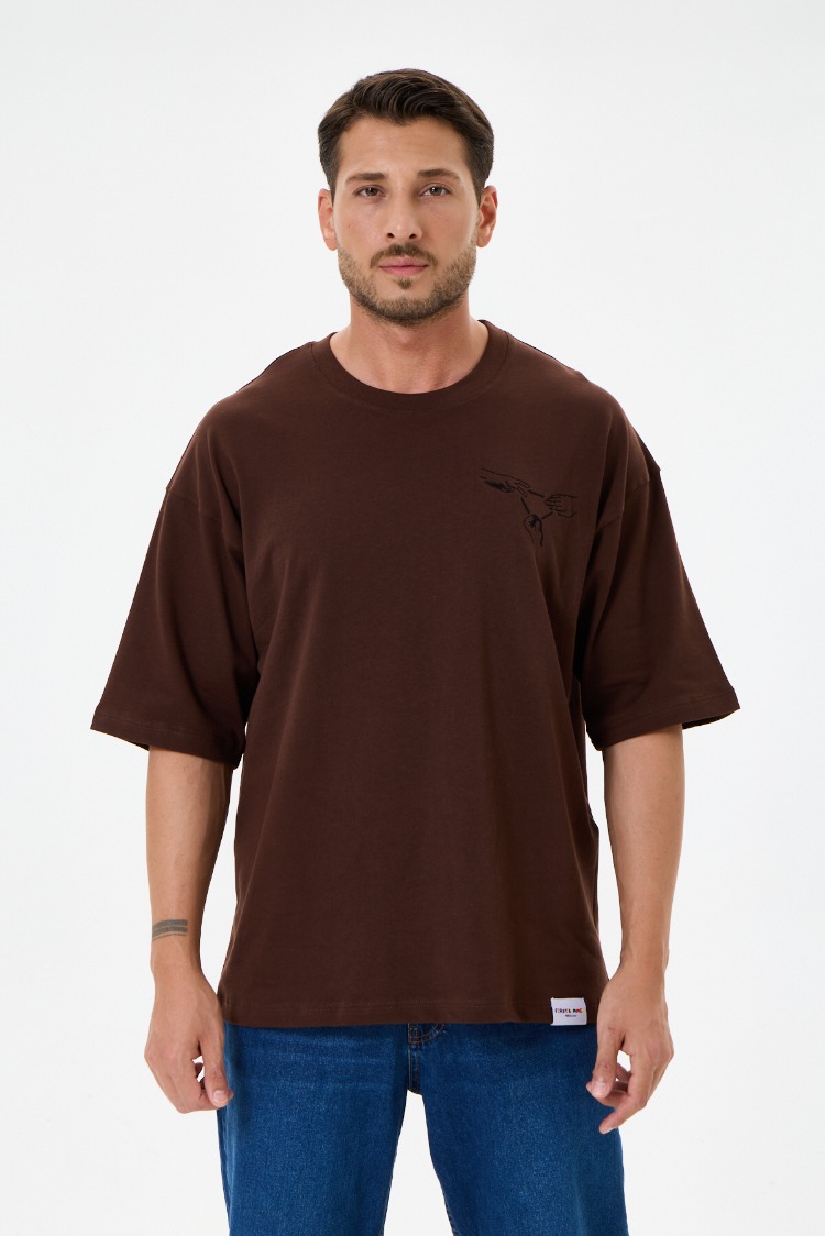 Nakış Detaylı Oversize Tişört Kahverengi RPS (Unisex)