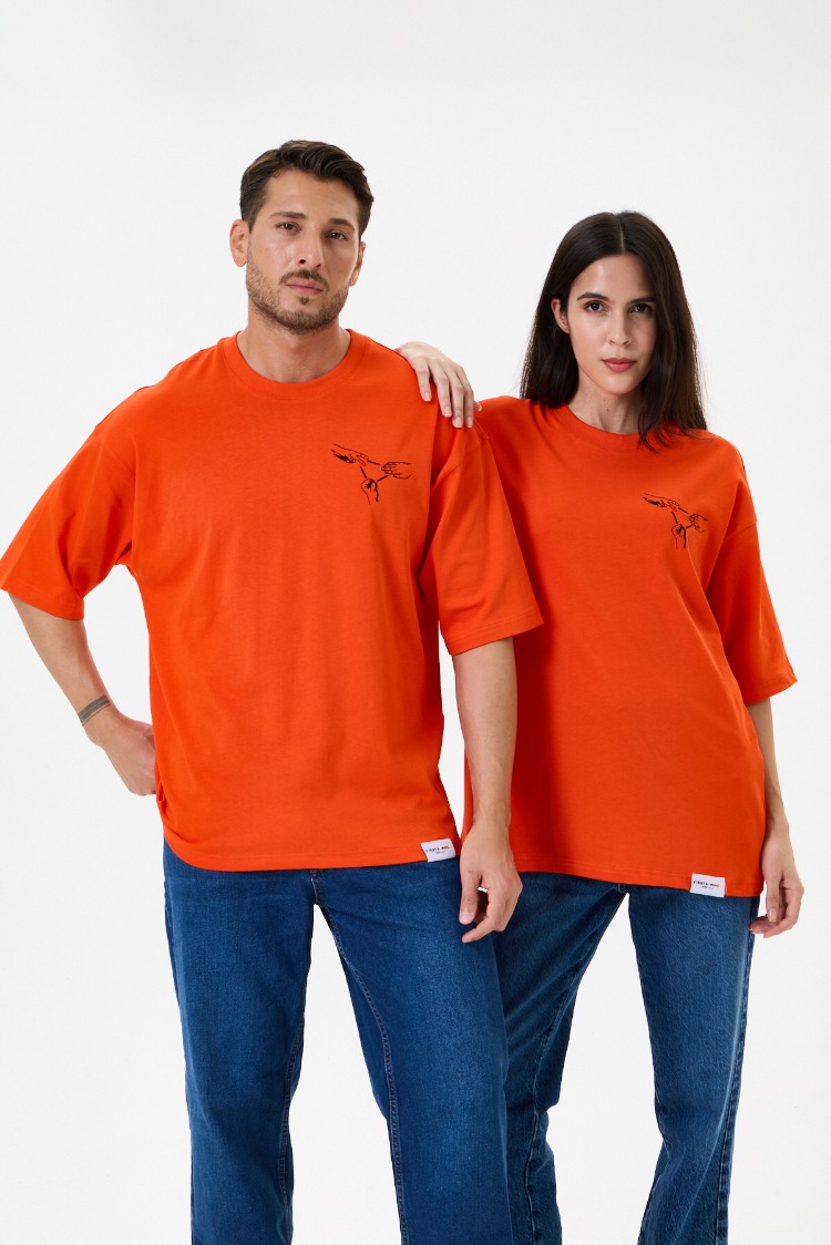 Nakış Detaylı Oversize Tişört Turuncu RPS (Unisex)