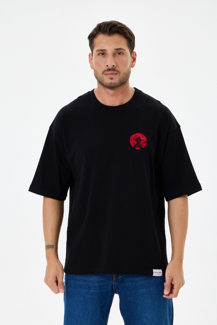 Nakış Detaylı Oversize Tişört Siyah MM (Unisex)