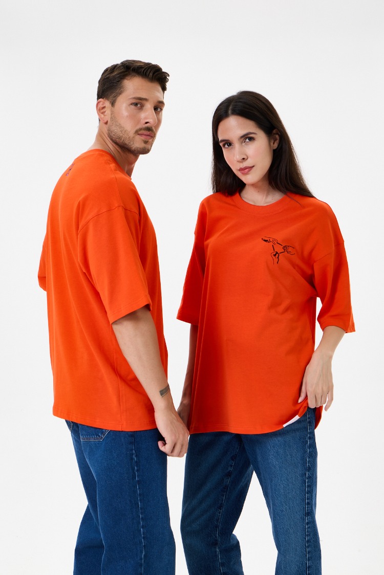 Nakış Detaylı Oversize Tişört Turuncu RPS (Unisex)