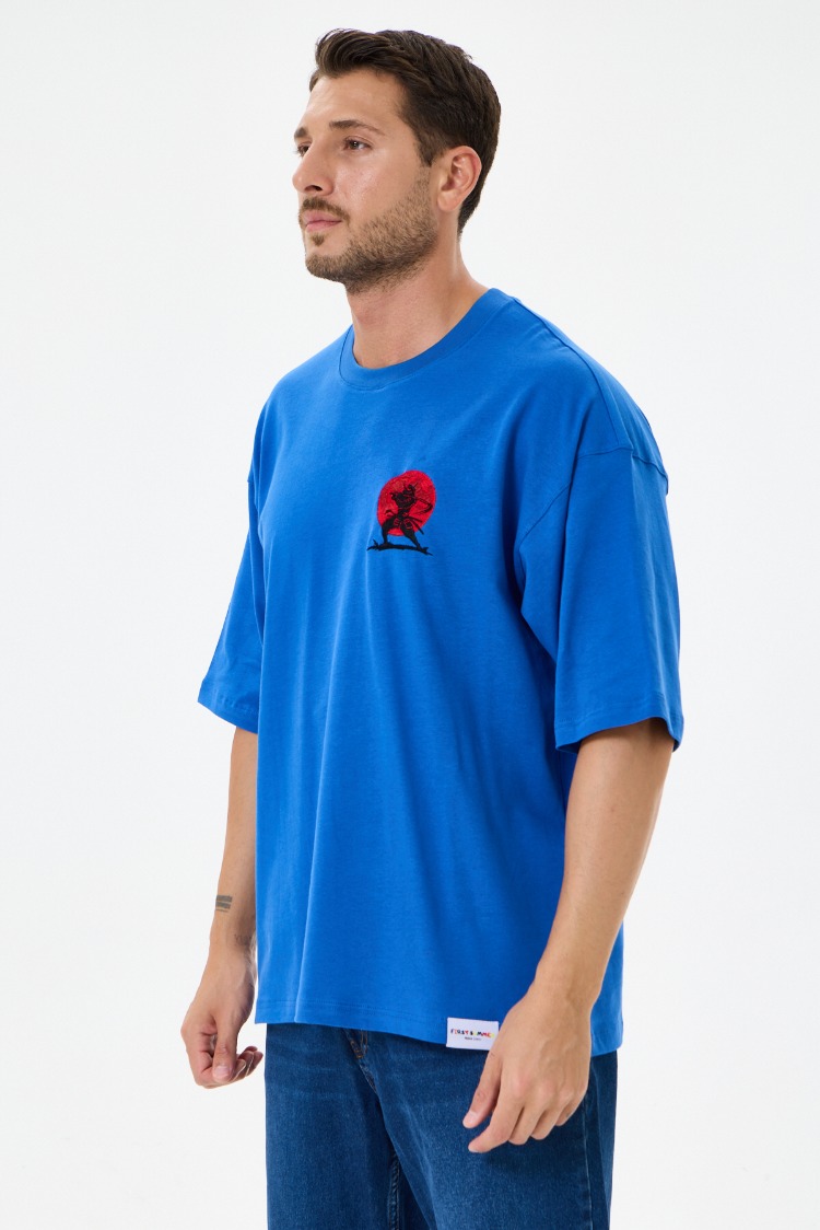 Nakış Detaylı Oversize Tişört Mavi MM (Unisex)