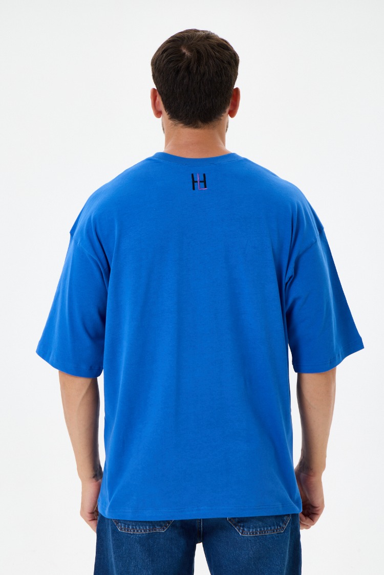 Nakış Detaylı Oversize Tişört Mavi MM (Unisex)