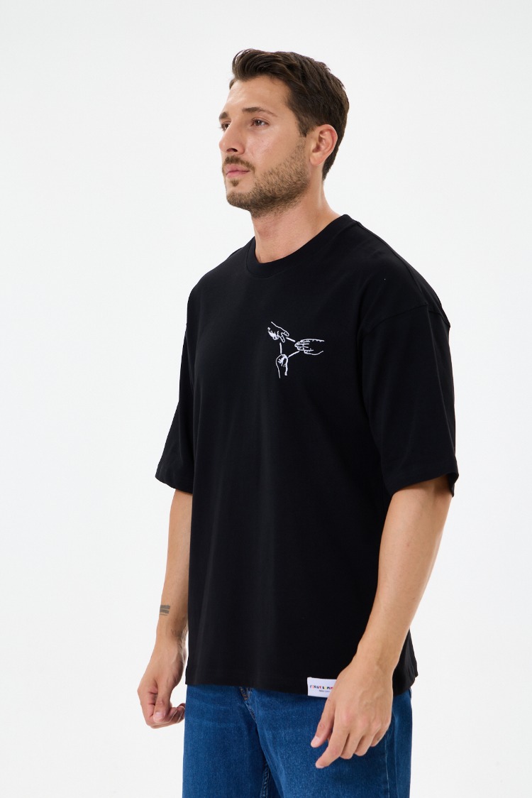Nakış Detaylı Oversize Tişört Siyah RPS (Unisex)