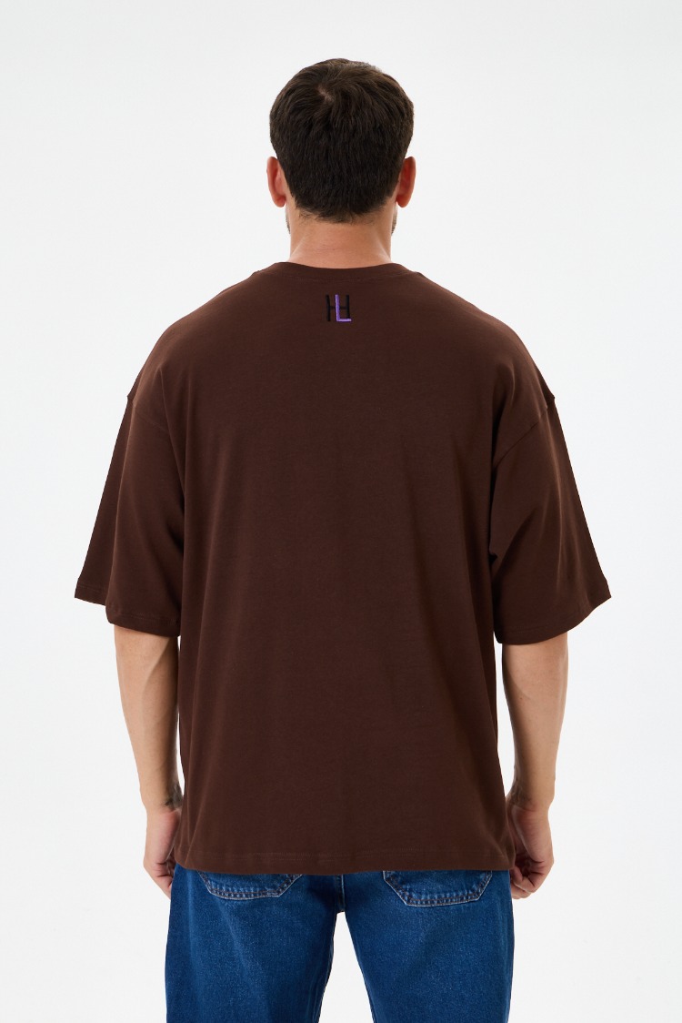 Nakış Detaylı Oversize Tişört Kahverengi MM (Unisex)