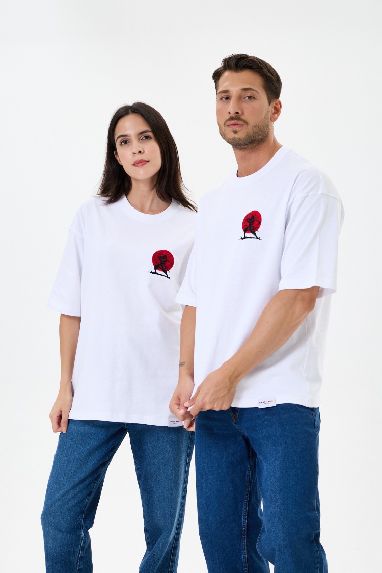 Nakış Detaylı Oversize Tişört Beyaz MM (Unisex)