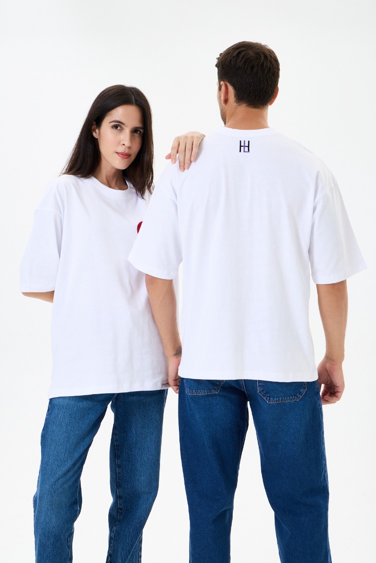 Nakış Detaylı Oversize Tişört Beyaz MM (Unisex)