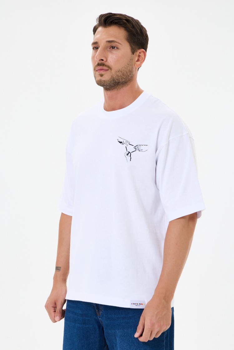Nakış Detaylı Oversize Tişört Beyaz RPS (Unisex)